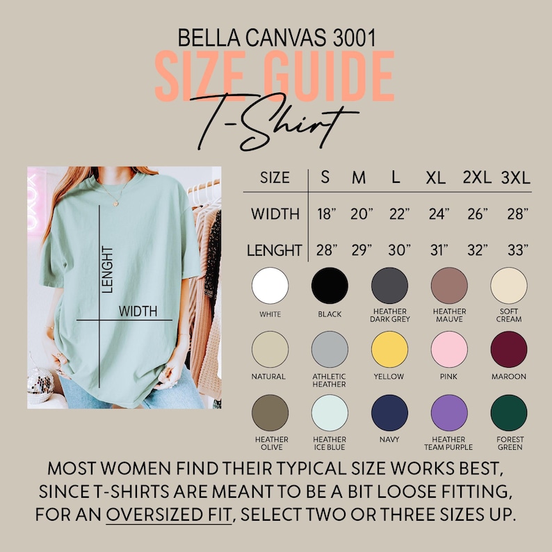 以下が含まれることがあります： Bella Canvas 3001 Tシャツのサイズガイド。幅と長さをインチで表示し、サイズSから3XLまで。カラーサンプルには、白、黒、ヘザーグレーなどがあります。オーバーサイズフィットの場合は、2〜3サイズ上を選択することをお勧めします。