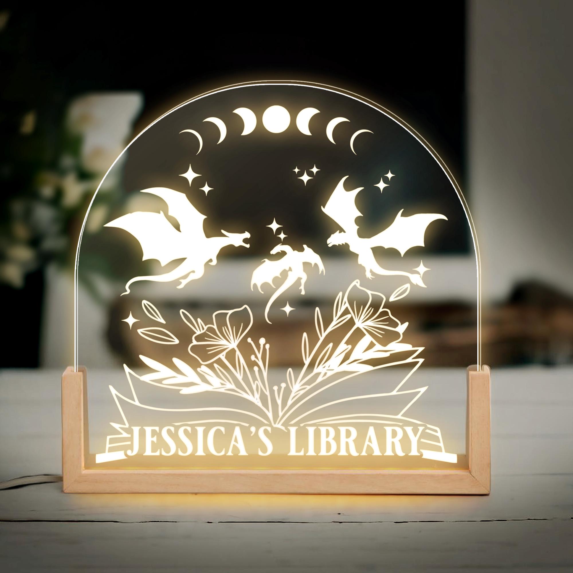 Personalized Library Sign LED Night Light, Custom Fantasy Bookshelf ...