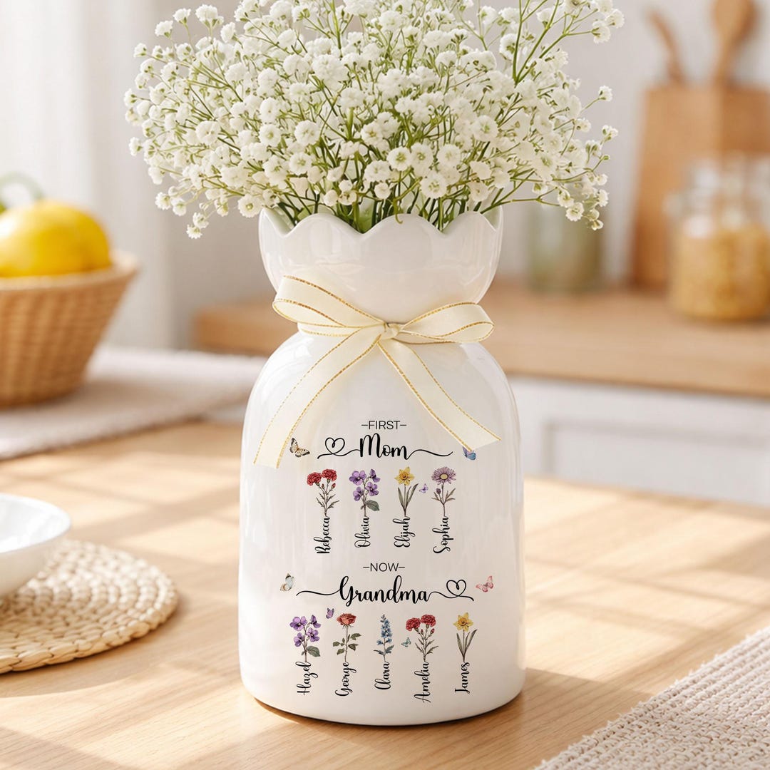 Custom Birth Month Flower Large Vase for Mom, First Mom Now Grandma ...