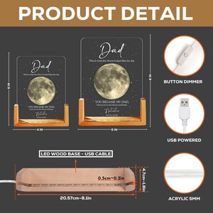 K&ouml;nnte beinhalten: Personalisiertes LED-Nachtlicht aus Acryl mit Holzsockel. Das Design zeigt ein Vollmondbild, das Wort "Dad" und einen individuellen Text. Das Licht wird &uuml;ber USB betrieben und hat einen Dimmer. Die Acrylplatte ist 15 cm hoch.