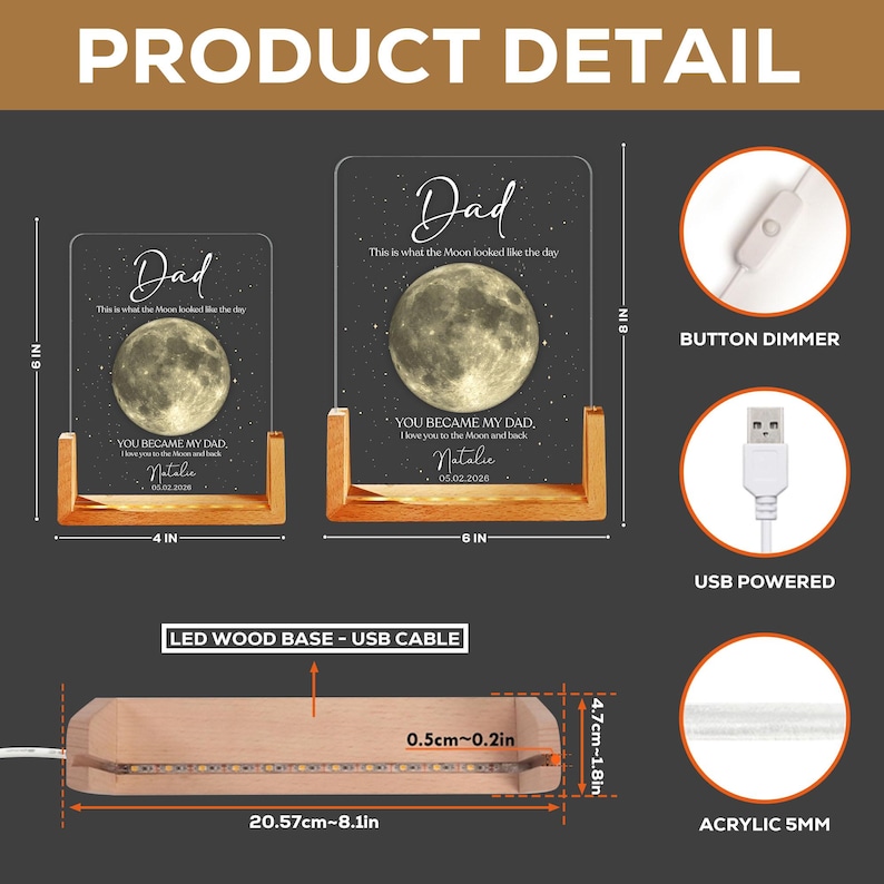K&ouml;nnte beinhalten: Personalisiertes LED-Nachtlicht aus Acryl mit Holzsockel. Das Design zeigt ein Vollmondbild, das Wort "Dad" und einen individuellen Text. Das Licht wird &uuml;ber USB betrieben und hat einen Dimmer. Die Acrylplatte ist 15 cm hoch.