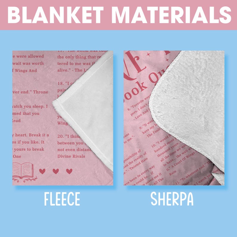 May include: Two pink blankets with different textures. The fleece blanket has a pink and white pattern with text from the book "A Court of Thorns and Roses". The sherpa blanket is white with a pink border and text from the book "A Court of Thorns and Roses".