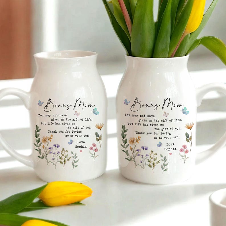 Personalised Bonus Mom Floral Ceramic Vase, Custom Flower Vase for Bonus Mom, Mothers Day Gift for Stepmom, Godmother Wedding Gift, Mom Gift image 3