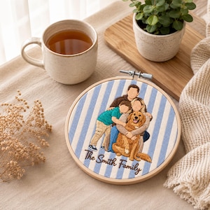 May include: A circular wooden embroidery hoop featuring a custom thread-stitched portrait of a family of three and a golden dog. The fabric background has light blue and white vertical stripes. The text "The Smith Family" is stitched in brown.