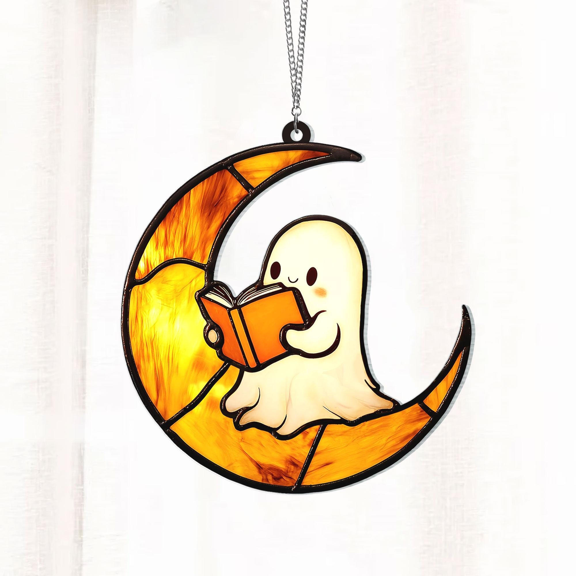 Ghost Reading Book On The Cresent Moon Suncatcher, Cute Boo Read Book Lover Acrylic Window Hanging, Halloween Decor Spooky Season