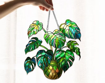 Monstera Leaves Acrylic Window Hanging, Monstera Leaves Home Decor, Monstera Plant Wall Window Hanging Art Decoration, Halloweem Home Decor