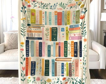 Vintage Library Blanket, Boho Wildflowers Bookish Quilt, Cottagecore Flower Book Gift, Retro Book Lover Gift For Reader Librarian Teacher