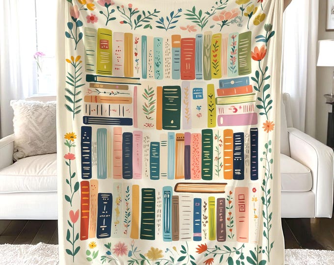 Vintage Library Blanket, Boho Wildflowers Bookish Quilt, Cottagecore Flower Book Gift, Retro Book Lover Gift For Reader Librarian Teacher