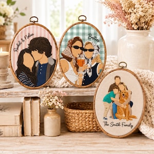 May include: Three oval embroidery hoops featuring custom thread portraits. One shows a couple with the text Rachel & Nolan, another shows two people with the text Besties, and the third shows a family with a dog and the text The Smith Family.