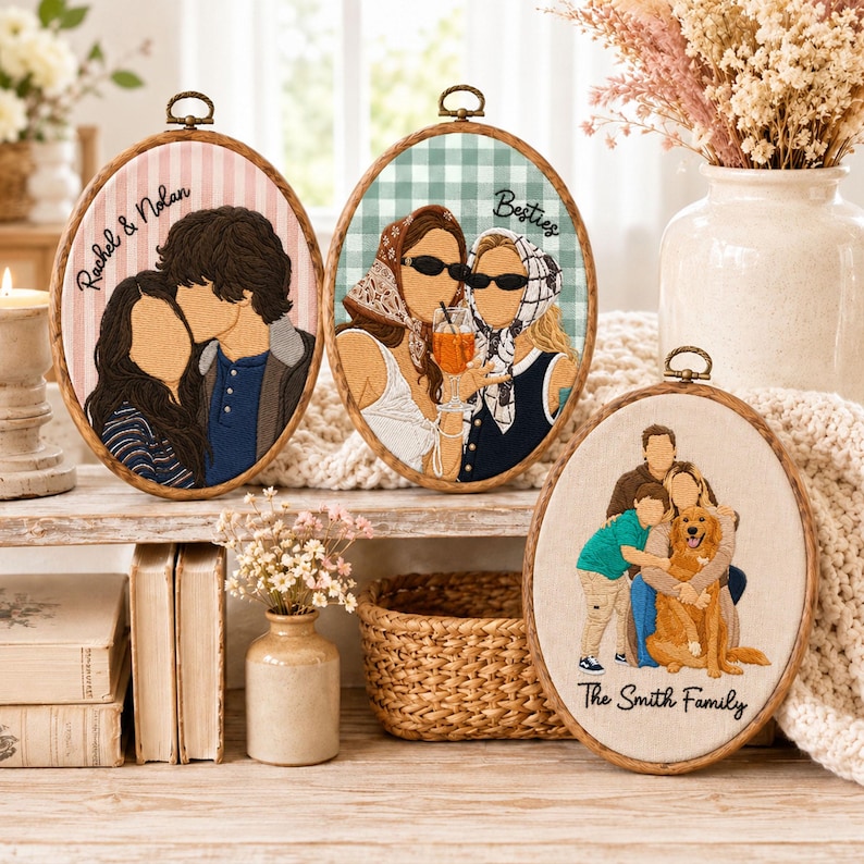 May include: Three oval embroidery hoops featuring custom thread portraits. One shows a couple with the text Rachel & Nolan, another shows two people with the text Besties, and the third shows a family with a dog and the text The Smith Family.