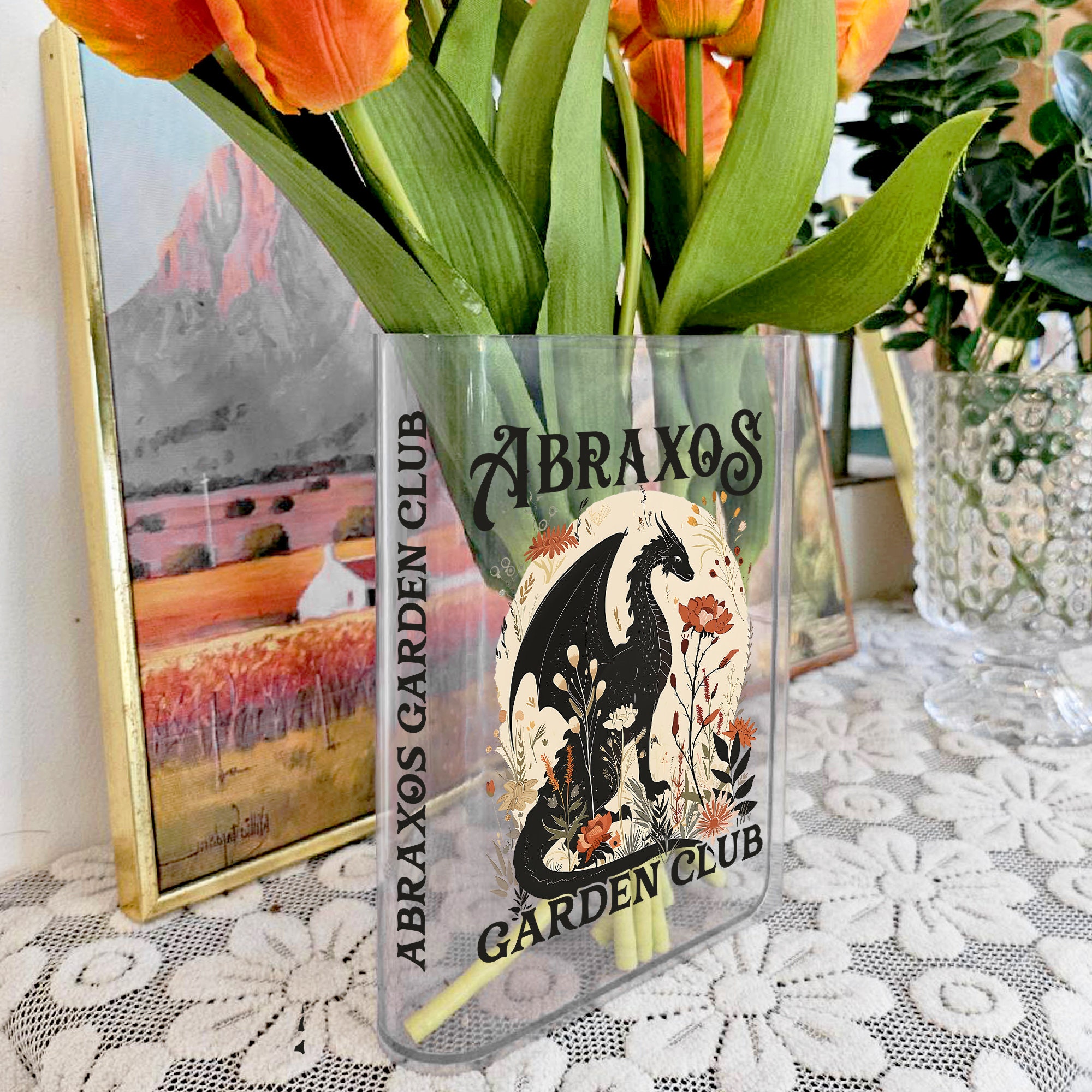 Abraxos Flower Garden Club Books Acrylic Vase For Flowers, Fantasy Readers Book Club Gifts