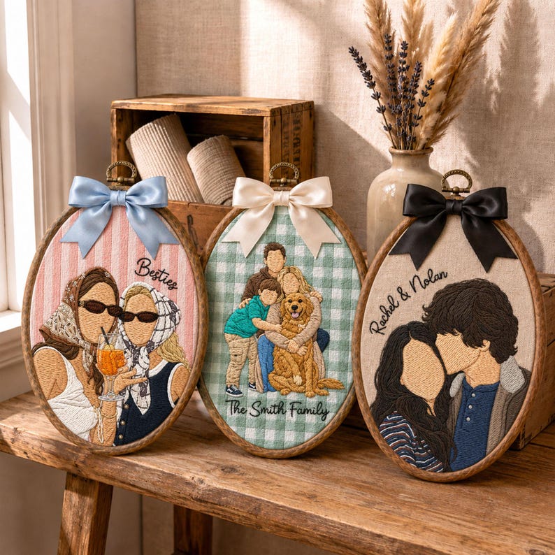 May include: Three oval embroidery hoops featuring custom thread portraits. The left hoop has a light blue bow and shows two people with the text Besties. The center hoop has a white bow and a family with a dog and text The Smith Family. The right hoop has a black bow and a couple with the text Rachel & Nolan.
