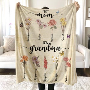 Personalized Mom Grandmas Garden Birth Month Flower Blanket, Custom First Mom Now Grandma Garden Flower Blanket,Mothers Day Gift for Grandma
