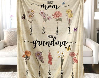 Personalized Mom Grandmas Garden Birth Month Flower Blanket, Custom First Mom Now Grandma Garden Flower Blanket,Mothers Day Gift for Grandma