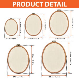 May include: Five oval embroidery hoops with light beige fabric, featuring brown wooden frames and metal tightening screws. Dimensions range from 3.62 by 4.49 inches to 8.66 by 11.61 inches, as indicated by the text and measurement lines.