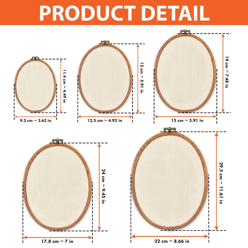 May include: Five oval embroidery hoops with light beige fabric, featuring brown wooden frames and metal tightening screws. Dimensions range from 3.62 by 4.49 inches to 8.66 by 11.61 inches, as indicated by the text and measurement lines.