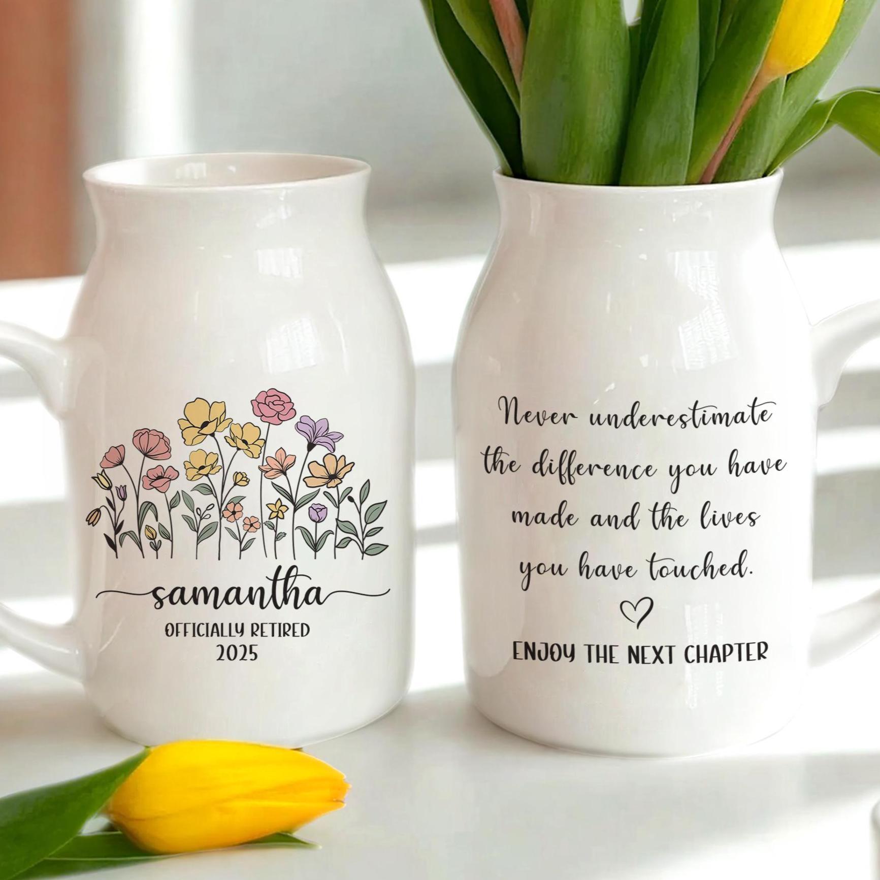 Personalized Retirement Ceramic Flower Vase, Custom Happy Retirement Gift, Appreciation Gift, Thank You Gift, Teacher Gift, Retired Gift