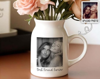 Personalized Besties Photo Floral Ceramic Vase, Custom Photo Best Friend Flower Vase, Friendship Gift, Soul Sister Gift, Birthday Gift