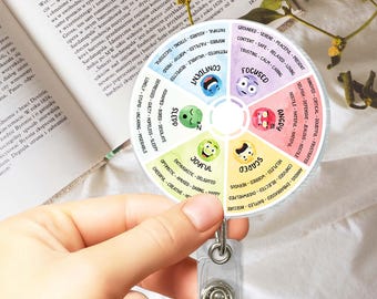 Può includere: Una ruota colorata con una faccia di cartone animato su ogni sezione. La ruota è divisa in otto sezioni, ognuna con un colore diverso e un'emozione diversa. Le emozioni sono: Sonno, Gioioso, Spaventato, Arrabbiato, Concentrato, Fiducioso, Radicato e Infastidito. La ruota è attaccata a un porta badge in plastica trasparente.