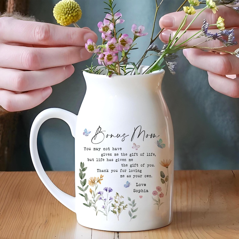 Personalised Bonus Mom Floral Ceramic Vase, Custom Flower Vase for Bonus Mom, Mothers Day Gift for Stepmom, Godmother Wedding Gift, Mom Gift image 4