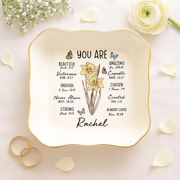 Personalized Bible Verse Jewelry Dish, Custom Bible Verse Ring Dish Gift for Her, Christian Trinket Dish, God Says You Are Gift, Faith Gift