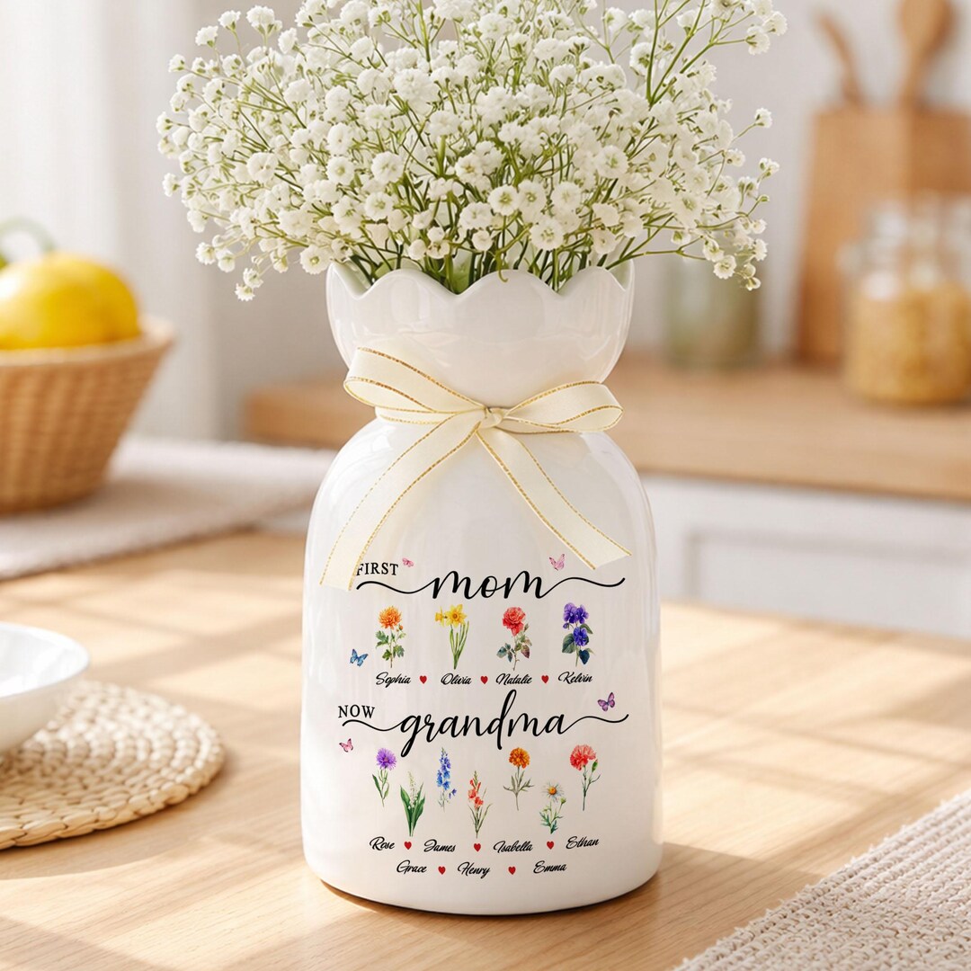 Personalized First Mom Now Grandma Gift, Custom Birth Month Flower Vase ...