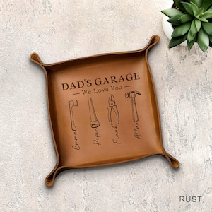 Personalized Dad&#39;s Garage Leather Tray, Custom Grandpa&#39;s Garage Valet Tray, Father&#39;s Day Gift, Dad Leather Catchall, Dad Gift, Grandpa Gift