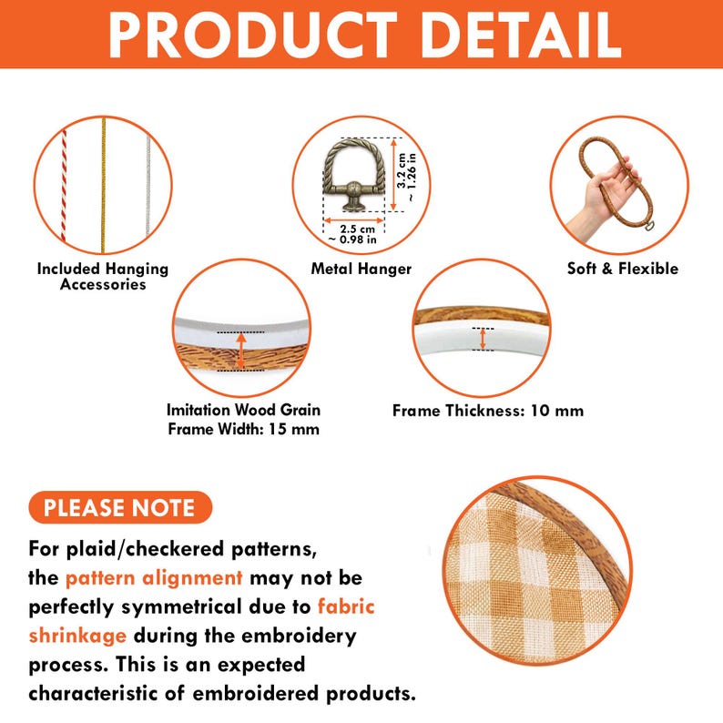 May include: An embroidery hoop product detail graphic featuring hanging accessories, a metal hanger measuring 2.5 cm by 3.2 cm, a flexible frame, a 15 mm wide imitation wood grain frame, and a 10 mm frame thickness with a note on fabric shrinkage.