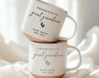 Personalized Promoted to Great Grandma Pottery Mug, Pregnancy Announcement Reveal, New Nana Est 2025 2026, Future Great Grandparent Gifts