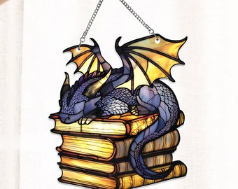 Book Dragon Suncatcher Ornament, Fantasy Dragon Acrylic Window Hanging, Dragon Wall Window Hanging Art Decoration, Bookish Home Decor