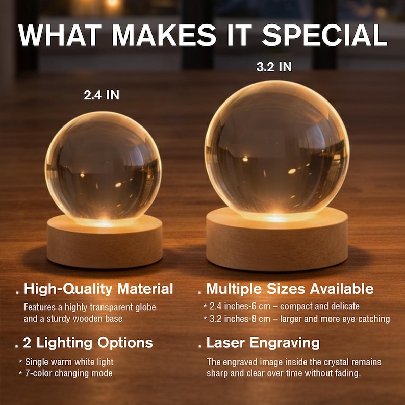 Op de afbeelding: Twee verlichte kristallen bollen op houten voetstukken. De kleinere bol heeft een diameter van 6 cm, de grotere 8 cm. De bollen hebben een hoogwaardig, transparant ontwerp met twee verlichtingsopties: enkele warme witte licht en 7-kleurenmodus.