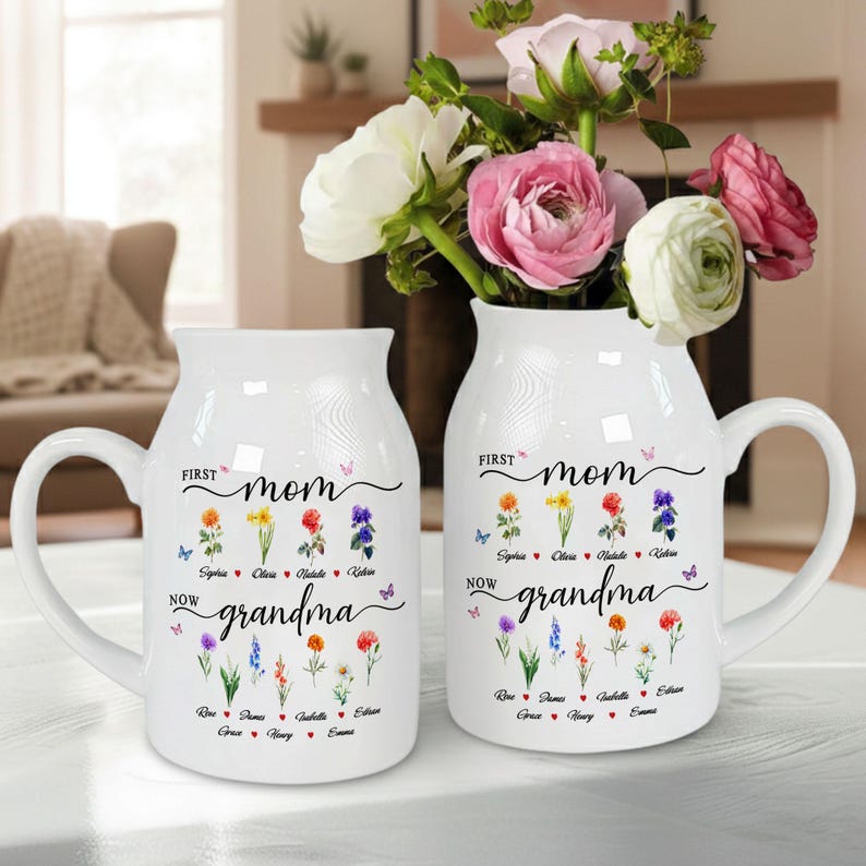 Personalized First Mom Now Grandma Gift, Custom Birth Month Flower Vase ...