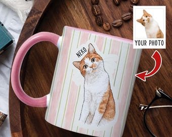 May include: A ceramic mug with a pink handle and a pink and white vertical striped pattern. The mug features an illustration of an orange and white cat with the text NEKO above it. A small inset shows a photo of a cat with the text YOUR PHOTO.