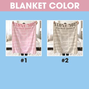 May include: Two blankets with the text "I LOVE YOU In Book Quotes" printed on them. The blanket on the left is pink and the blanket on the right is beige.