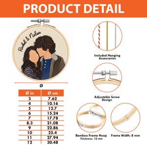 May include: A round bamboo embroidery hoop featuring a custom thread portrait of two people with the text Rachel & Nolan. The image includes a size chart in inches and centimeters, details on hanging accessories, and an adjustable screw design.