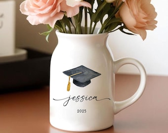 Personalised Graduation Floral Ceramic Vase, Custom Graduation Flower Vase, Class of 2025 Gift, Daughter Grad Gift, College Graduation Gift