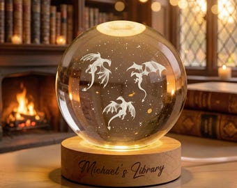 Personalized Flying Dragons Crystal Ball LED Night Light, Custom Dragon Fantasy Lamp, Dragon Rider Gift, Dragon Lover Gift for Book Reader