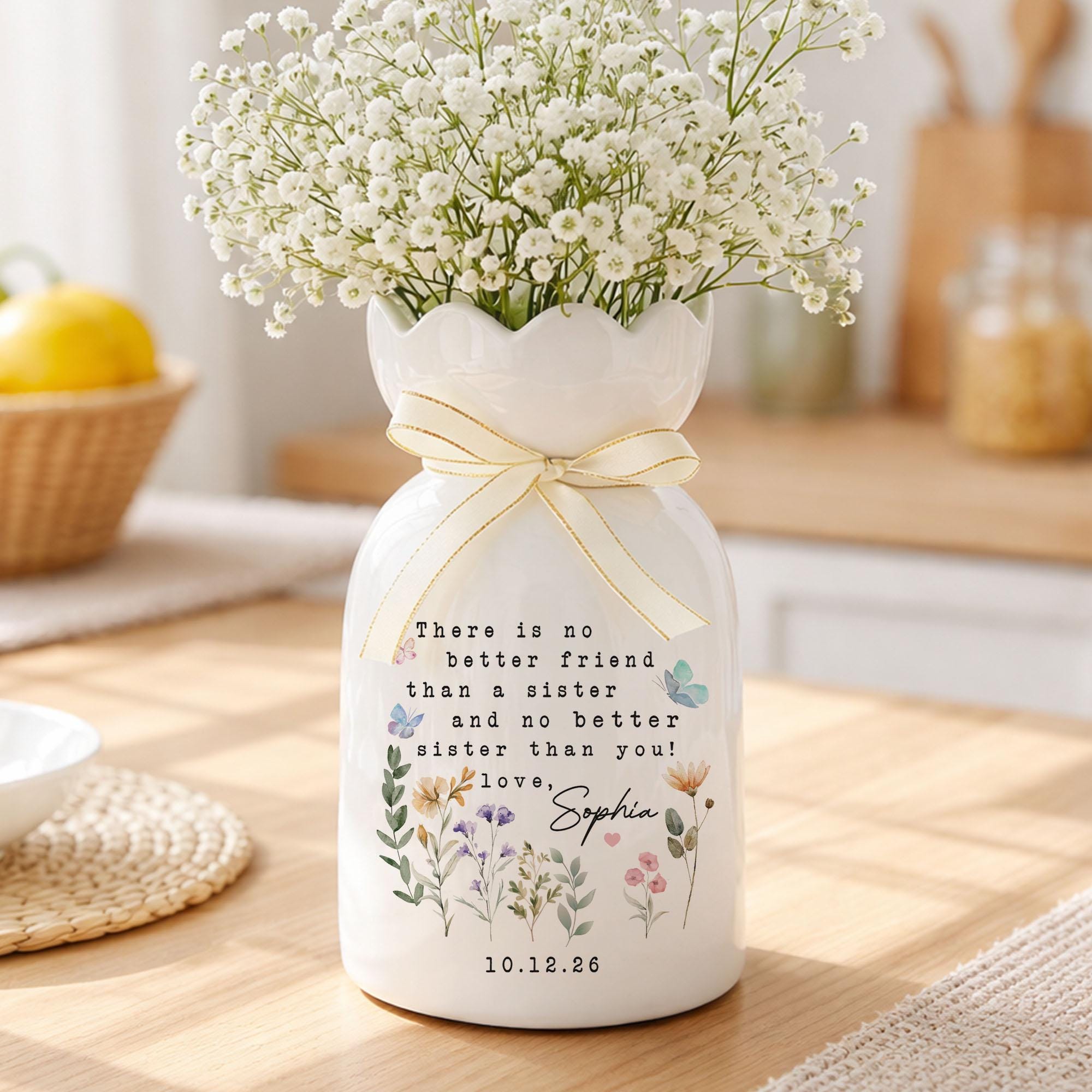 Personalized Sister Ceramic Flower Vase, Sister Birthday Gift