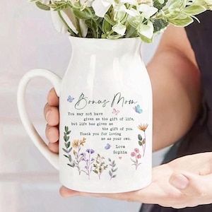 Personalised Bonus Mom Floral Ceramic Vase, Custom Flower Vase for Bonus Mom, Mothers Day Gift for Stepmom, Godmother Wedding Gift, Mom Gift image 1