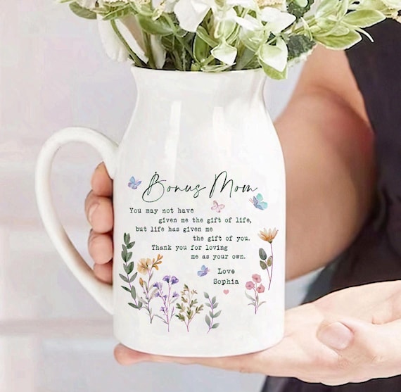Personalised Bonus Mom Floral Ceramic Vase, Custom Flower Vase for Bonus Mom, Mothers Day Gift for Stepmom, Godmother Wedding Gift, Mom Gift