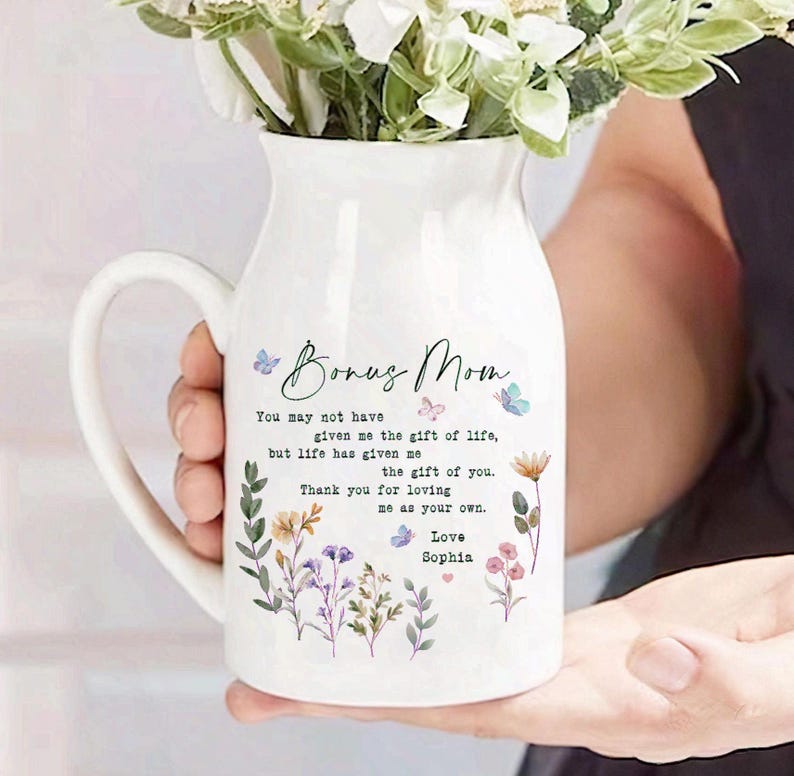 Personalised Bonus Mom Floral Ceramic Vase, Custom Flower Vase for Bonus Mom, Mothers Day Gift for Stepmom, Godmother Wedding Gift, Mom Gift image 1