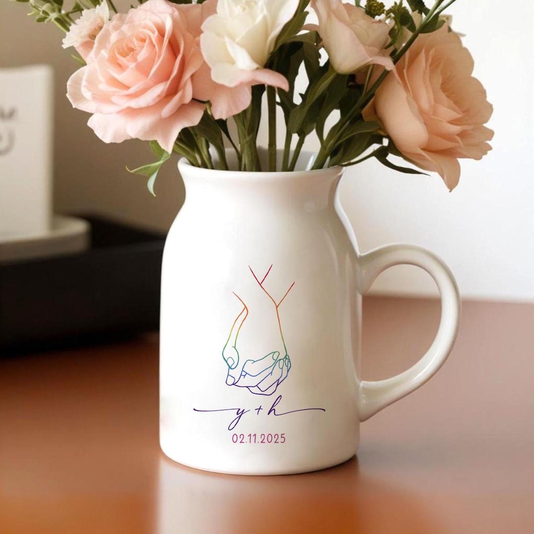 Personalised Couple Floral Ceramic Vase, Custom LGBT Flower Vase, Gay and Lesbian Gift, Engagement Gift, Wedding Gift, Anniversary Gift - Vase 5.12" x 3.15", Pride