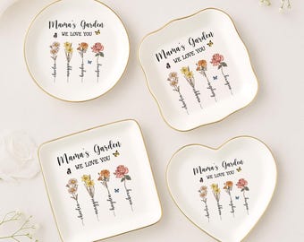 Personalized Mom Grandmas Garden Birth Month Flower Ring Dish, Custom Birth Flower Jewelry Dish for Mom, Mothers Day Gift with Kids Names