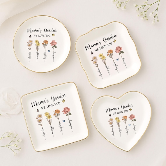 Personalized Mom Grandmas Garden Birth Month Flower Ring Dish, Custom Birth Flower Jewelry Dish for Mom, Mothers Day Gift with Kids Names