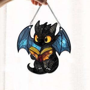 Reading Book Dragon Suncatcher Ornament, Fantasy Dragon Acrylic Window Hanging, Dragon Wall Window Hanging Art Decoration,Bookish Home Decor