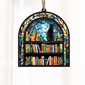 Personalized Cat Book Suncatcher Ornament, Custom Reading Cat Acrylic Window Hanging, Book Window Decor, Book Lover Gift, Cat Lover Gift