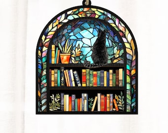 Personalized Cat Book Suncatcher Ornament, Custom Reading Cat Acrylic Window Hanging, Book Window Decor, Book Lover Gift, Cat Lover Gift