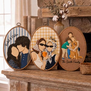 May include: Three oval embroidery hoops featuring custom thread portraits. The left hoop has blue stripes and text Rachel & Nolan. The center hoop has yellow gingham and text Besties. The right hoop has a solid tan background and text The Smith Family.