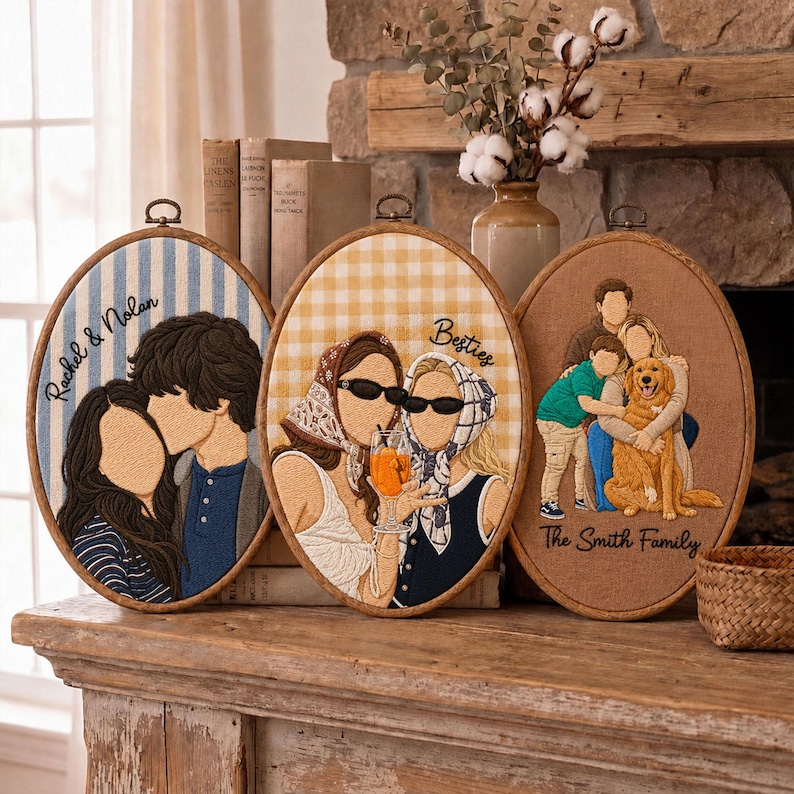 May include: Three oval embroidery hoops featuring custom thread portraits. The left hoop has blue stripes and text Rachel & Nolan. The center hoop has yellow gingham and text Besties. The right hoop has a solid tan background and text The Smith Family.
