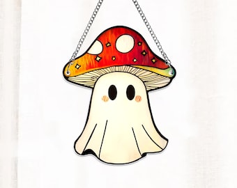 Ghost Mushroom Suncatcher Ornament, Magic Mushroom Acrylic Suncatcher, Halloween Home Decor, Ghost Acrylic Window Hangings,Plant Lovers Gift
